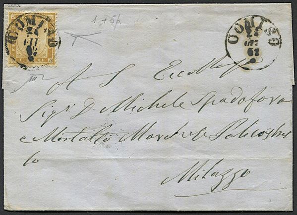 1862, Regno d’Italia, Sicilia, sovracoperta di lettera da Comiso per Milazzo del 24 ottobre 1862