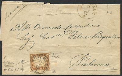 1862, Regno D’italia, Sardegna, Lettera da Acireale per Palermo del 14 Luglio Affrancata con 10c....
