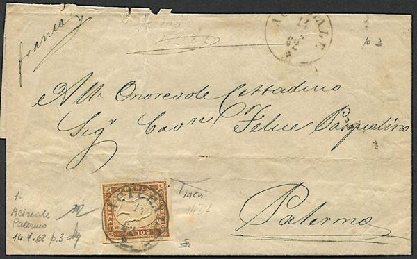 1862, Regno d’Italia, Sardegna, lettera da Acireale per Palermo del 14 luglio 1862