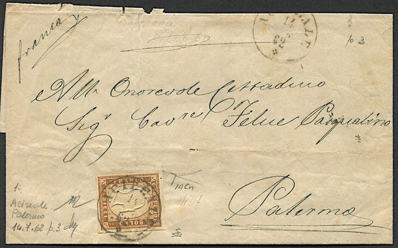 1862, Regno d’Italia, Sardegna, lettera da Acireale per Palermo del 14 luglio 1862  - Auction Postal History and Philately - Cambi Casa d'Aste