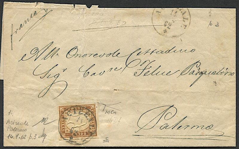 1862, Regno d’Italia, Sardegna, lettera da Acireale per Palermo del 14 luglio 1862  - Asta Storia Postale e Filatelia - Cambi Casa d'Aste