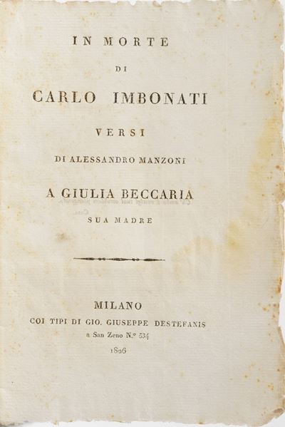 Manzoni Alessandro in Morte di Carlo Imbonati. Versi di Alessandro Manzoni a Giulia Beccaria Sua ...