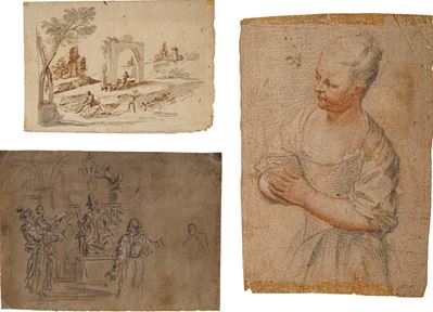 Scuola del XVIII secolo, Tre disegni di soggetti vari, tecniche miste