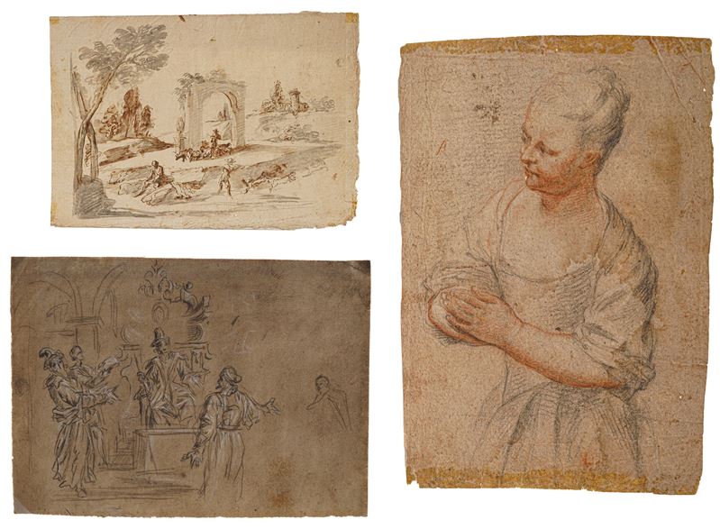 Scuola del XVIII secolo Tre disegni di soggetti diversi  - Asta Dipinti Antichi - Cambi Casa d'Aste