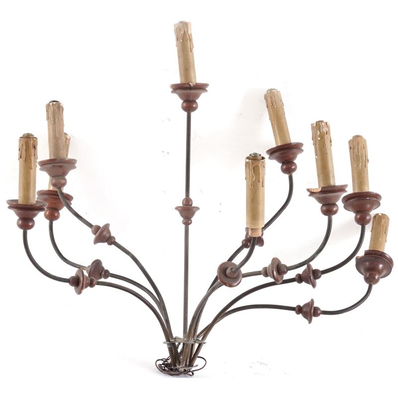 Applique a nove luci in ferro battuto. XX secolo  - Auction Antique - Cambi Casa d'Aste