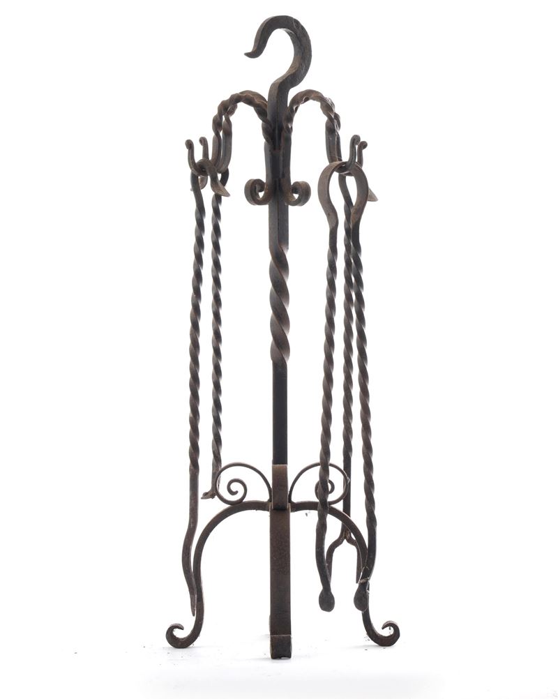 Attrezzi da camino in ferro battuto con decoro torchon  - Auction Antique - Cambi Casa d'Aste