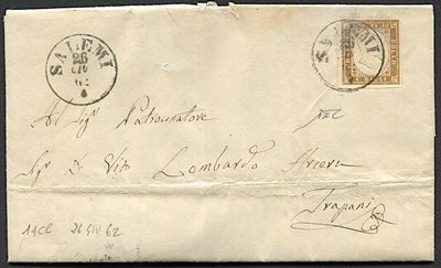 1862, Regno D’italia, Sicilia, Lettera da Salemi per Trapani del 26 Giugno Affrancata con 10 C. B...