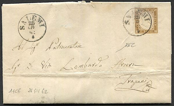 1862, Regno d’Italia, Sicilia, lettera da Salemi per Trapani del 26 giugno 1862