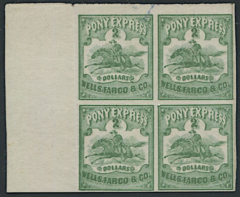 1861, U.S.A., Pony express, $ 2.00 green (Scott 143L4) block of four  - Asta Storia Postale e Filatelia - Cambi Casa d'Aste