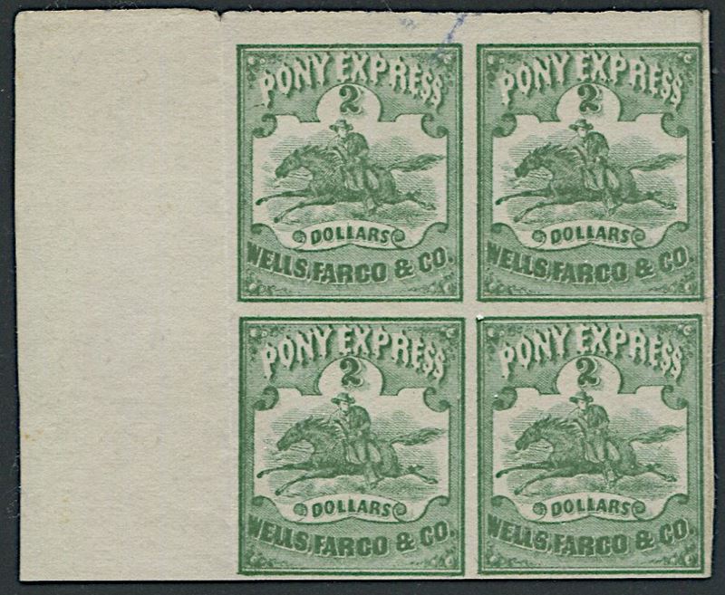 1861, U.S.A., Pony express, $ 2.00 green (Scott 143L4) block of four  - Auction Postal History and Philately - Cambi Casa d'Aste