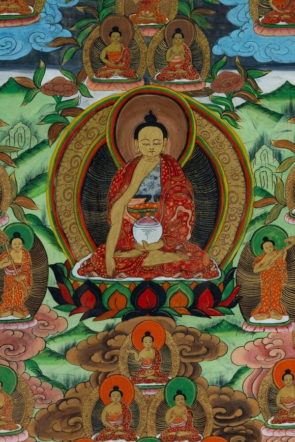 Thangka su seta con figura di Lama centrale e altre divinità, Tibet, XIX secolo