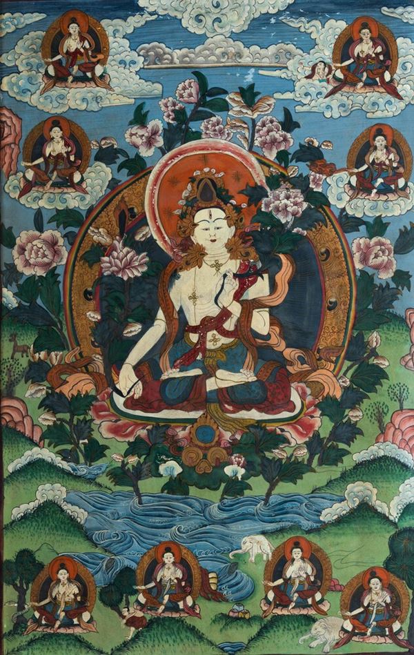 Thangka su seta con figura di Buddha Sakyamuni centrale e altre divinità, Tibet, XIX secolo