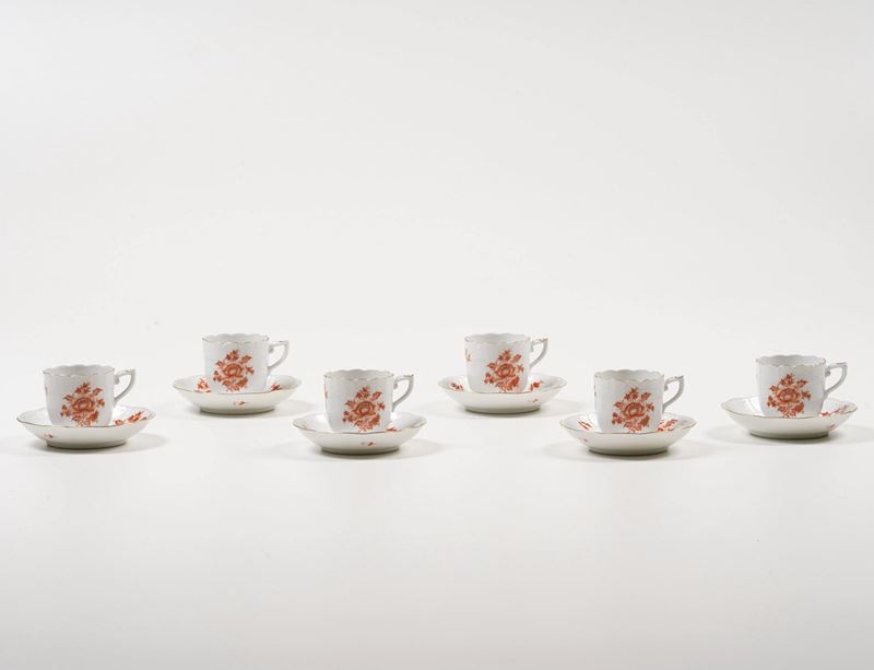 Sei tazze da caffè con piattino “Nanjing Bouquet Rust” Ungheria, Manifattura Herend, seconda metà del XX secolo   - Asta L'Art de la Table - Cambi Casa d'Aste