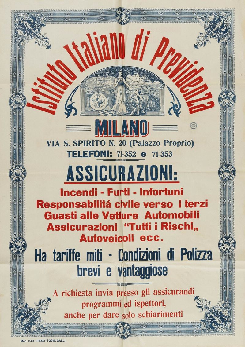 Anonimo : Istituto italiano di Previdenza - Assicurazioni - Milano  - Auction POP Culture and Vintage Posters - Cambi Casa d'Aste