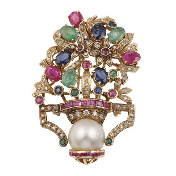 Diamond, gem-set, cultured pearl and low karat gold brooch