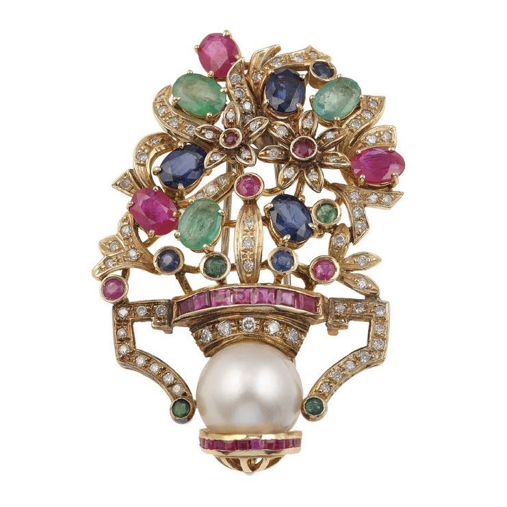 Diamond, gem-set, cultured pearl and low karat gold brooch  - Auction Vintage Jewellery - Cambi Casa d'Aste