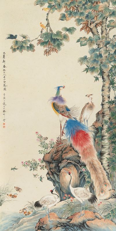 Cina, Dinastia Qing (XIX secolo), Scroll su carta con pavoni in paesaggio e iscrizione
