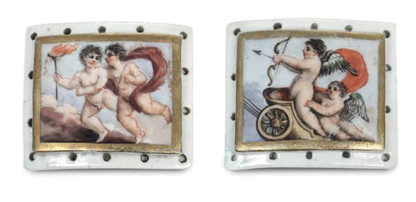 Coppia di placchette per scarpette Nove, Manifattura Antonibon, primi del XIX secolo Pittura di Giovanni Marcon (1771-1830)