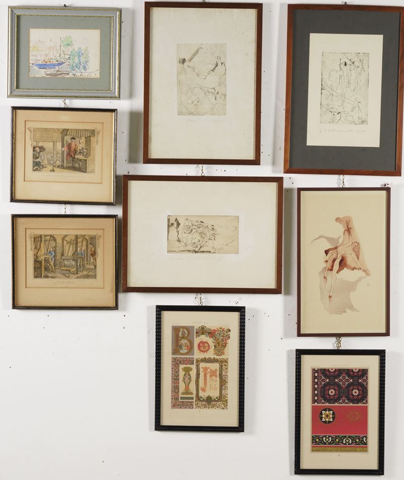 Lotto di 9 fra acqueforti, acquerelli e stampe  - Asta Antiquariato  - Cambi Casa d'Aste