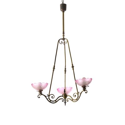 Lampadario a Tre Fiamme in Metallo e Vetro. XX Secolo