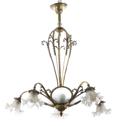 Lampadario a 5 Bracci in Metallo Dorato. XX Secolo