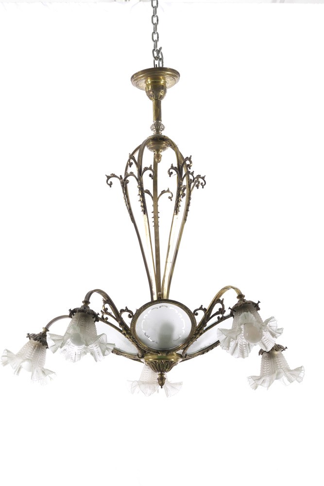 Lampadario a 5 Bracci in Metallo Dorato. XX Secolo