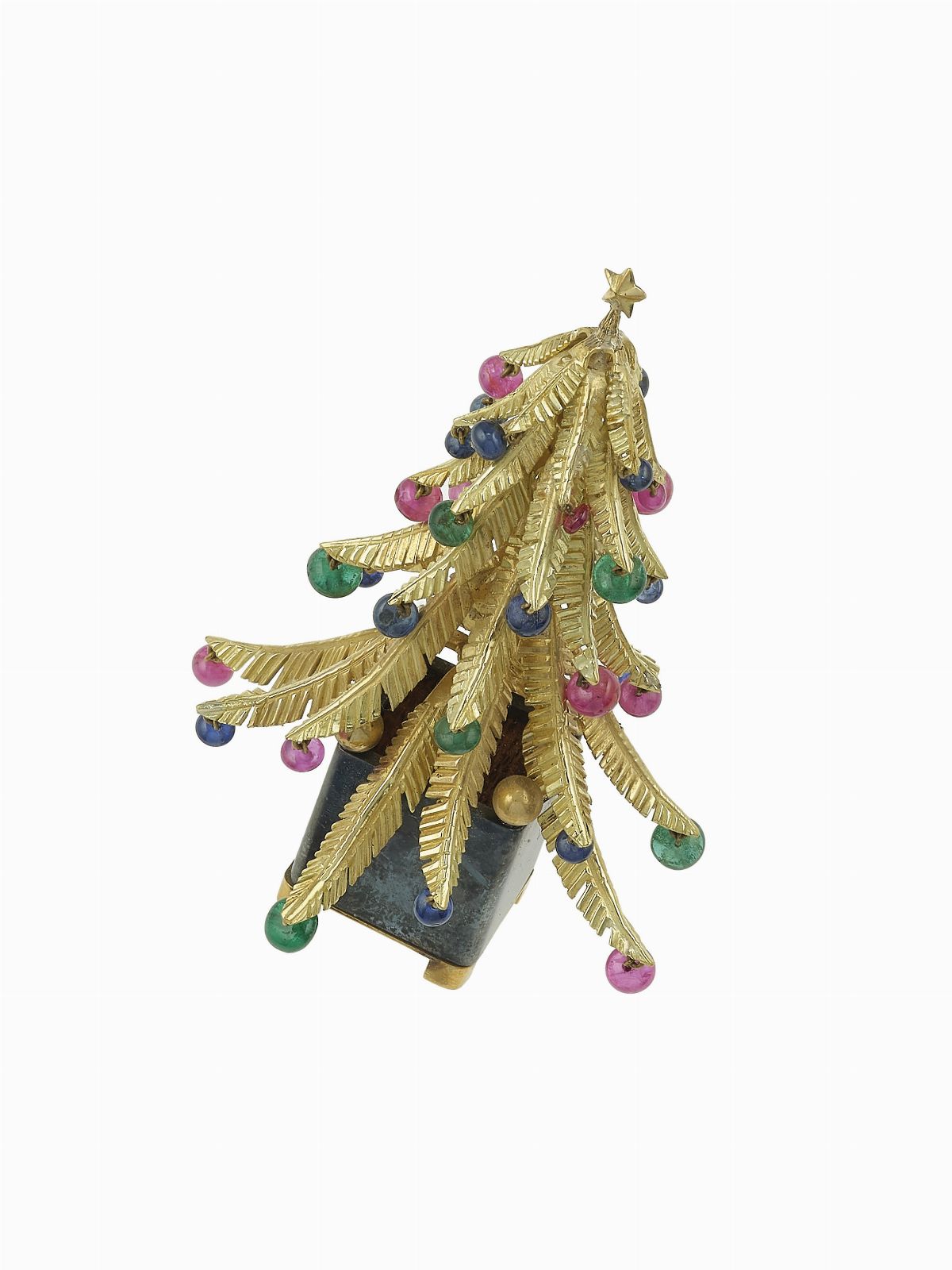 Albero di Natale, montatura in oro giallo 750/1000 e argento con rubini, zaffiri, smeraldi