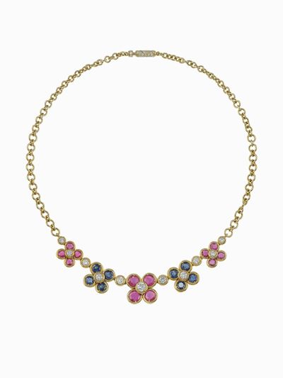 Girocollo in oro giallo 750/1000 con decoro floreale, diamanti, zaffiri e rubini