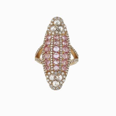 Anello, corindoni rosa e diamanti taglio rosa d’Olanda, montatura in oro giallo 750/1000