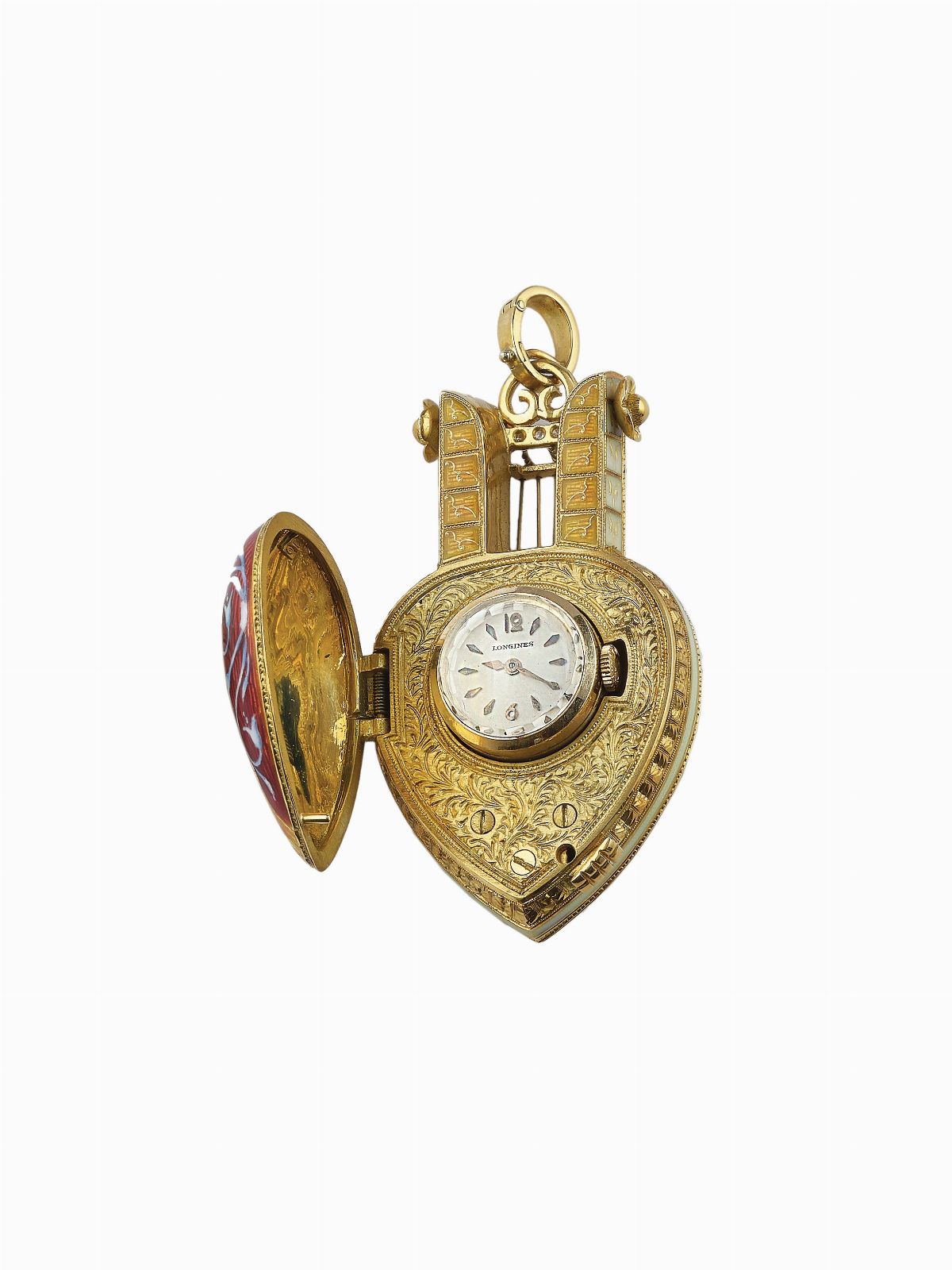 Orologio-pendente in oro giallo 750/1000, smalti policromi e piccoli diamanti, con movimento Long...