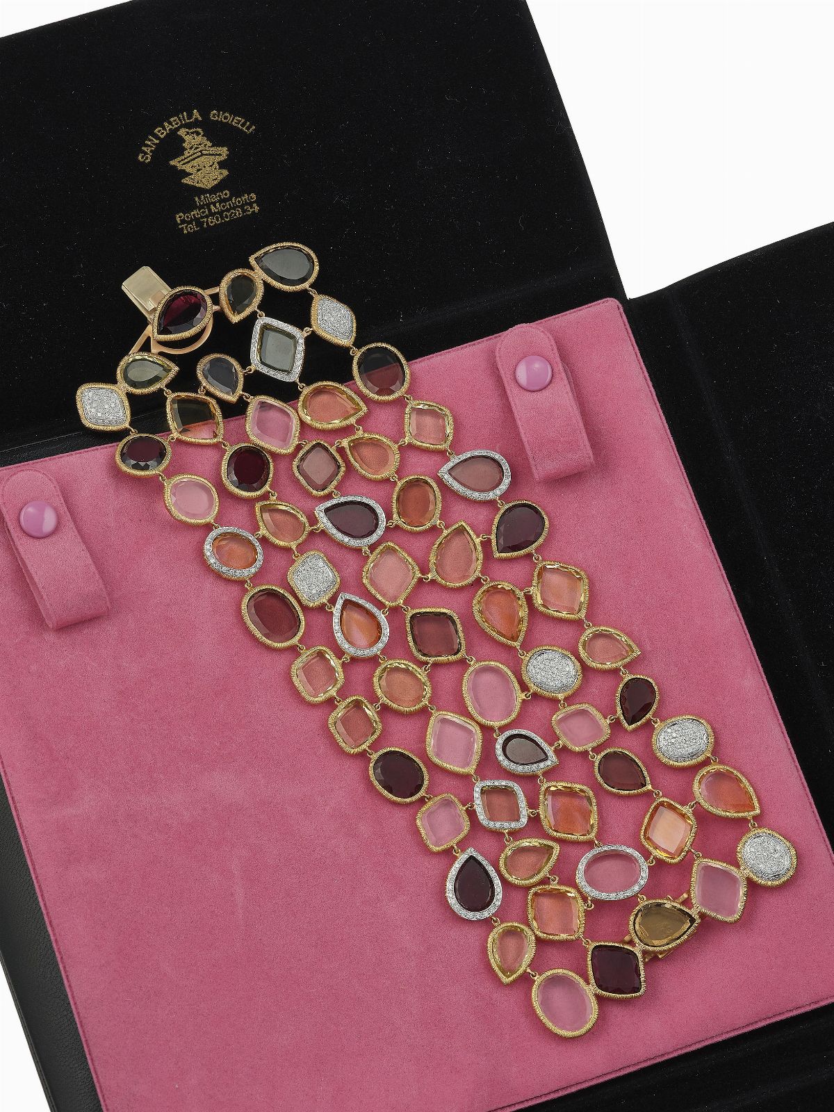 Bracciale, montatura in oro giallo 750/1000 con gemme colorate e piccoli diamanti