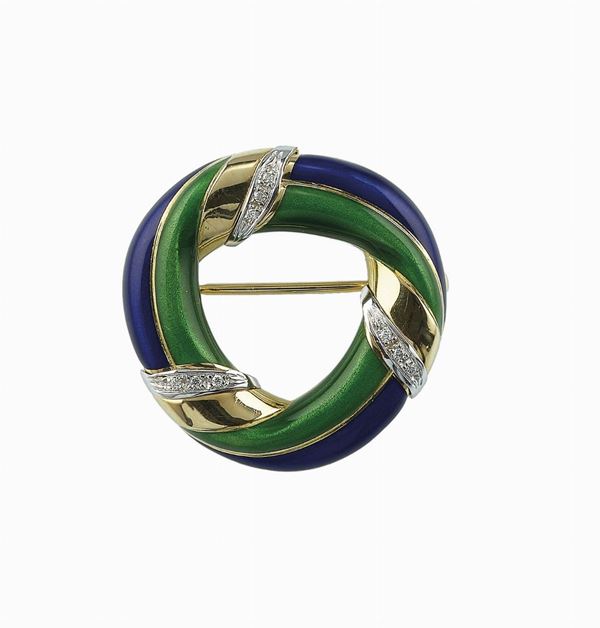 Spilla con smalti policromi e piccoli diamanti
