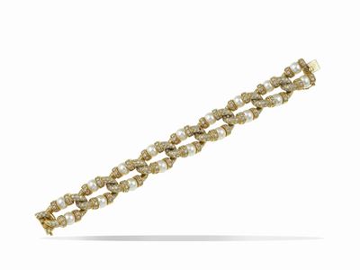 Bracciale, perle e diamanti, montatura in oro giallo 750/1000