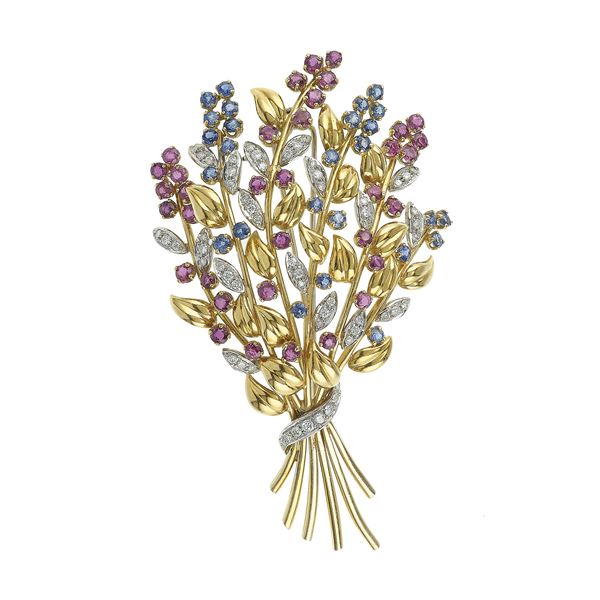 Diamond, sapphire, ruby and gold brooch