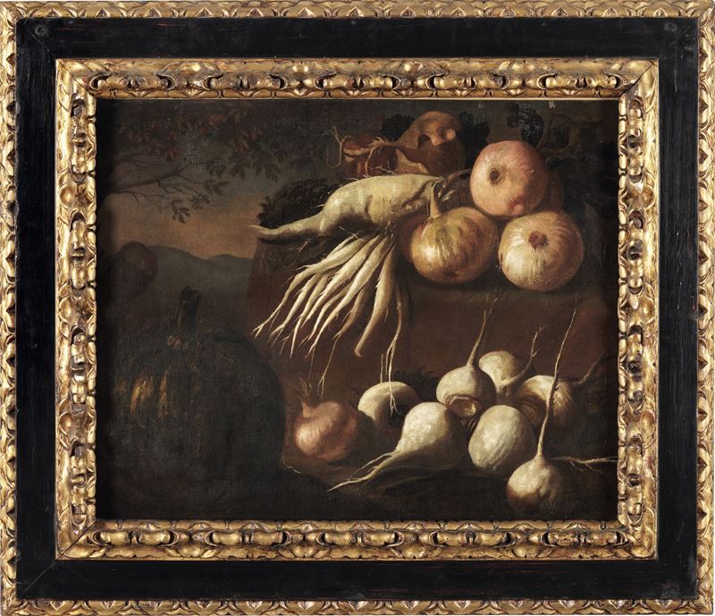 Bartolomeo Bimbi : Natura morta con tuberi e ortaggi  - olio su tela - Asta Dipinti Antichi - Cambi Casa d'Aste