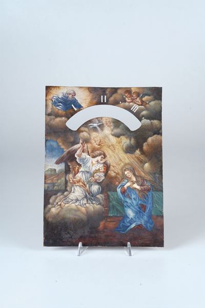 Quadrante per Pendola Notturna in Rame Dipinto con Scena di Annunciazione