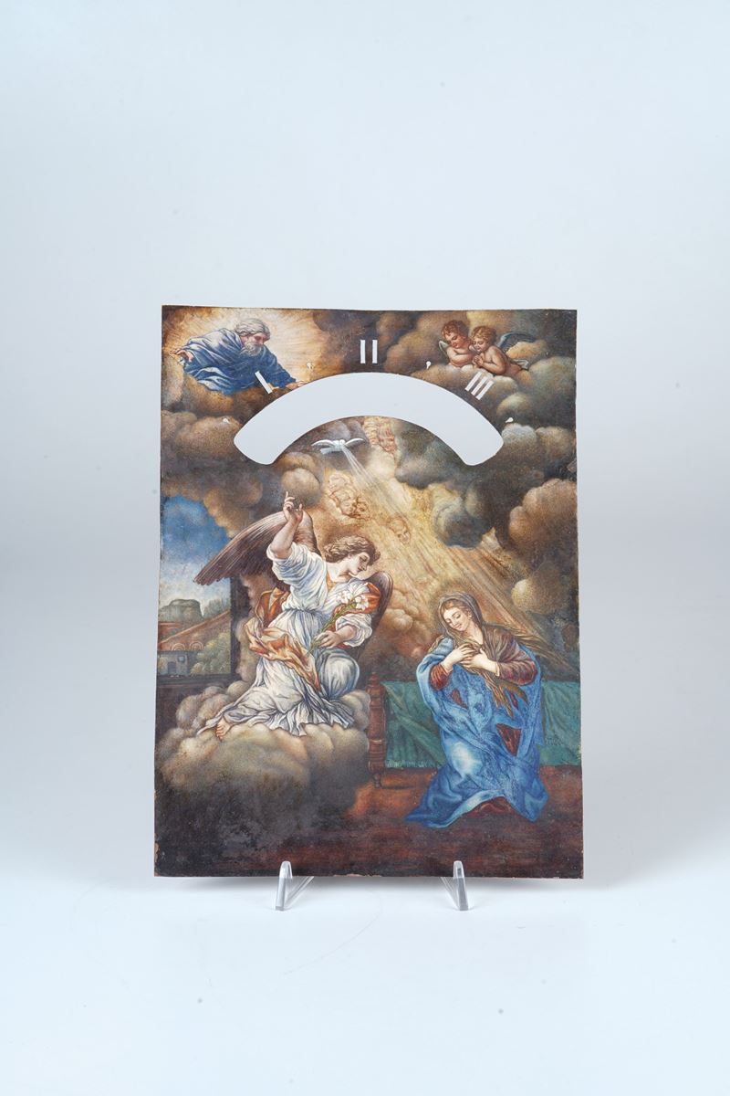 Quadrante per pendola notturna in rame dipinto con scena di Annunciazione  - Auction Pendulum and clocks - Cambi Casa d'Aste