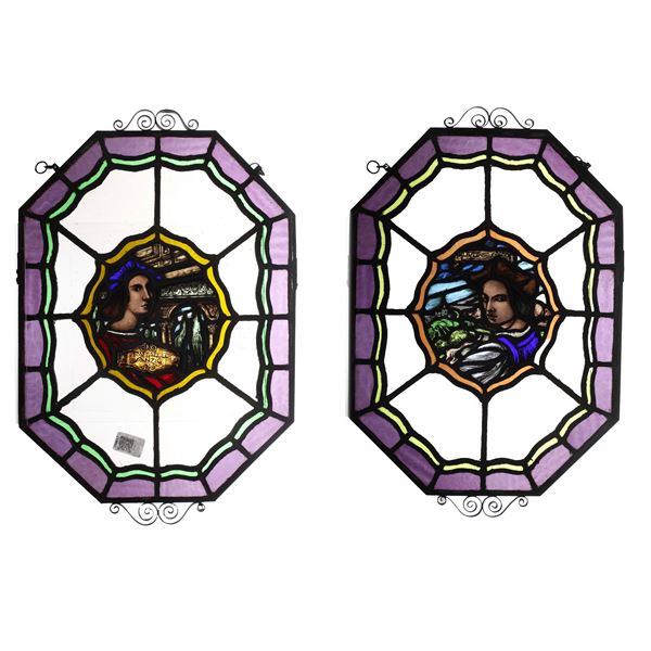 Coppia di vetrate dipinte con ritratto di Raffaello Sanzio e Andrea del Sarto. XX secolo