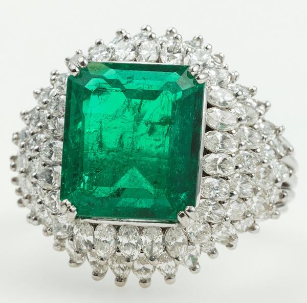 Emerald, diamond and platinum ring. Gemmological Report R.A.G. Torino n. 319012