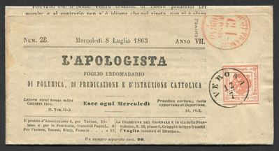 1863, Sardegna, Tariffa Giornali Dall’italia All’austria, Giornale “L’apologista” Dell’8 Luglio 1...