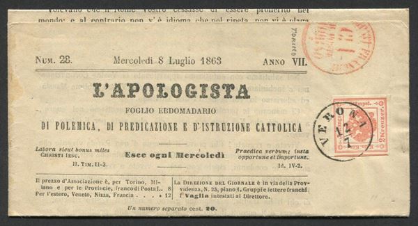 1863, Sardegna, Tariffa Giornali dall’Italia all’Austria, giornale “L’Apologista” dell’8 luglio 1863