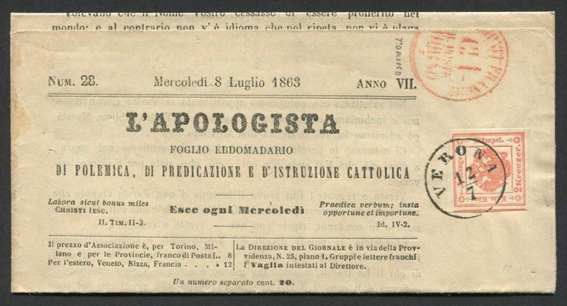 1863, Sardegna, Tariffa Giornali dall’Italia all’Austria, giornale “L’Apologista” dell’8 luglio 1863  - Auction Postal History and Philately - Cambi Casa d'Aste