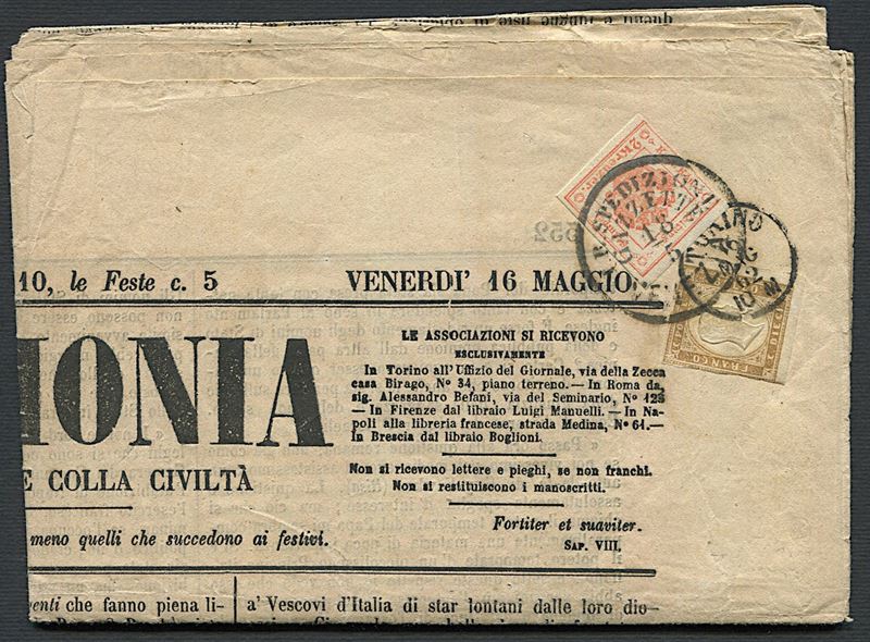 1862, Sardegna, giornale “L’Armonia” del 16 maggio 1862 per Venezia  - Asta Storia Postale e Filatelia - Cambi Casa d'Aste