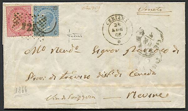 1866, Regno d’Italia, Lettera da Ceriana (Imperia) per Revine (Treviso) del 24 luglio 1866