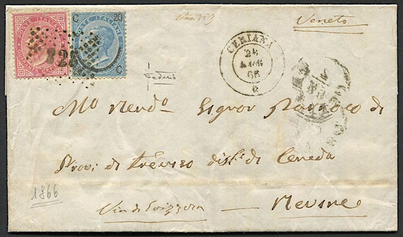 1866, Regno d’Italia, Lettera da Ceriana (Imperia) per Revine (Treviso) del 24 luglio 1866  - Auction Postal History and Philately - Cambi Casa d'Aste