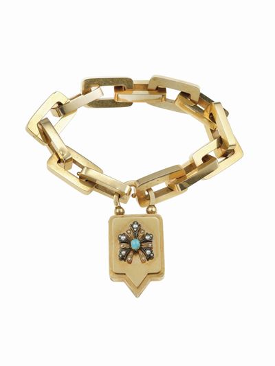 Bracciale con pendente a lucchetto, turchese e piccole perle, in oro giallo 750/1000