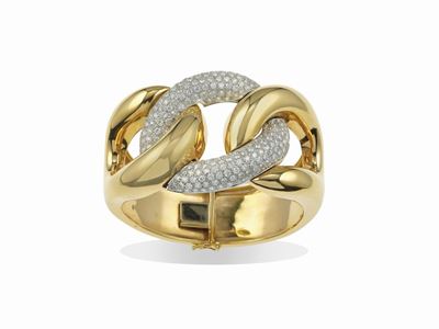 Bracciale rigido con pavé di diamanti, montatura in oro giallo e oro bianco 750/1000