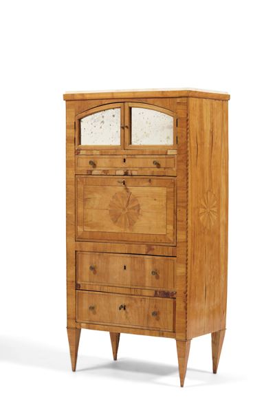 Secretaire Biedermeier in Legno Intarsiato. XIX Secolo