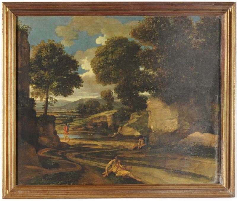 Stampa su tela raffigurante paesaggio con viaggiatori che riposano. XX secolo  - Asta Antiquariato  - Cambi Casa d'Aste