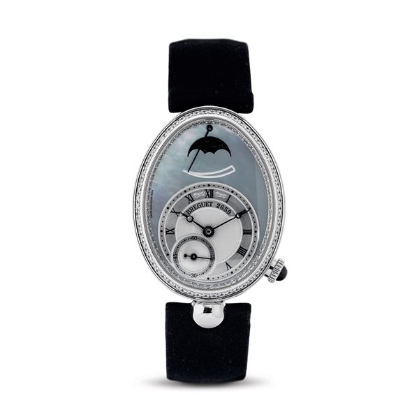 Breguet - Precious Reine de Naples oval-shaped watch in 18k white gold and diamonds, mother-of-pearl dial with moon phase and power reserve with original deployant